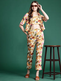 DressBerry Floral Print Crop Top With Trousers & Shirt