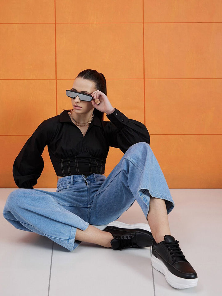 STREET 9 Black Shirt Collar Cuffed Sleeves Pure Cotton Crop Empire Top