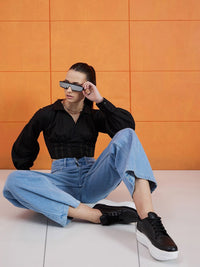 STREET 9 Black Shirt Collar Cuffed Sleeves Pure Cotton Crop Empire Top