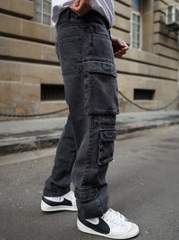 Powerlook Men Black Baggy Fit Clean Look Pure Cotton Cargo Jeans