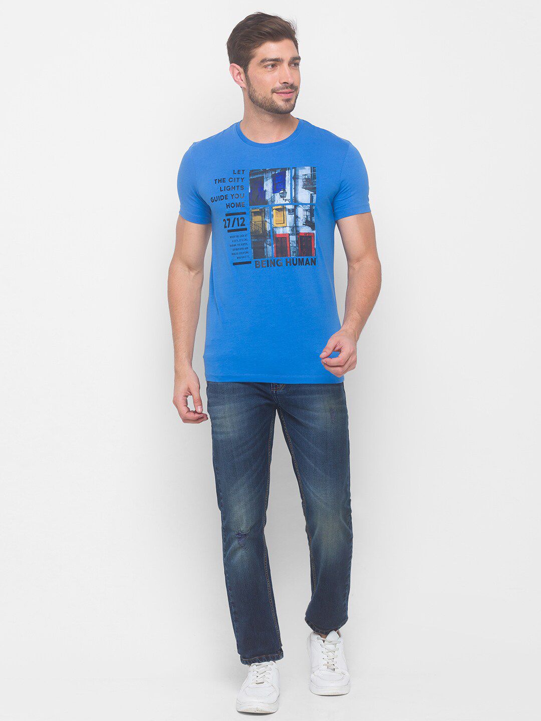 Being Human Men Blue Printed Pure Cotton T-shirt