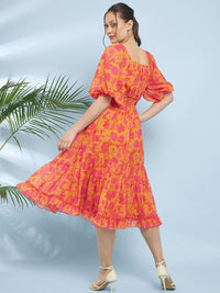 Antheaa Yellow Floral Printed Square Neck Puff Sleeve Chiffon Fit & Flare Midi Dress