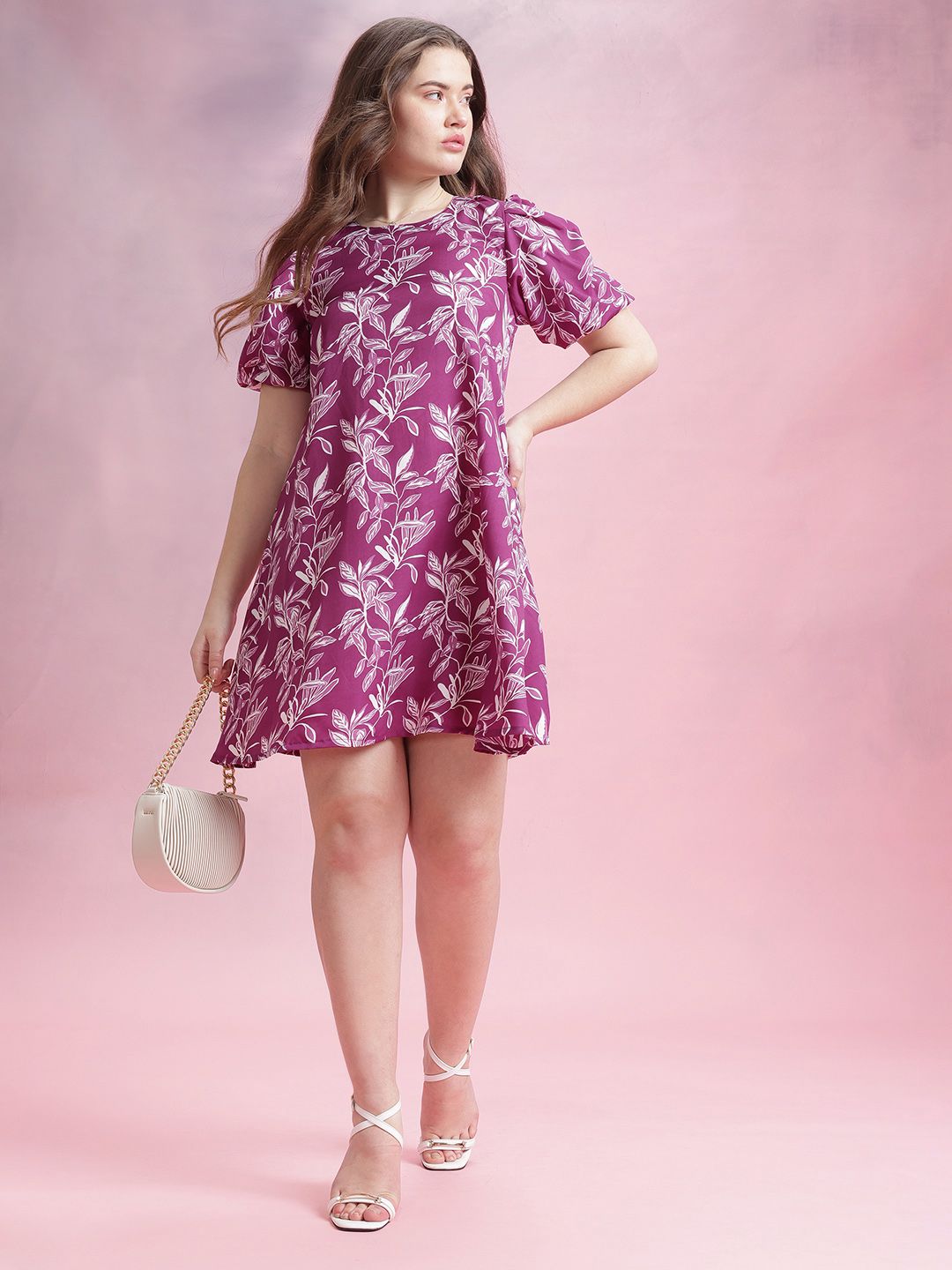 DressBerry Floral Print Puff Sleeve Dress