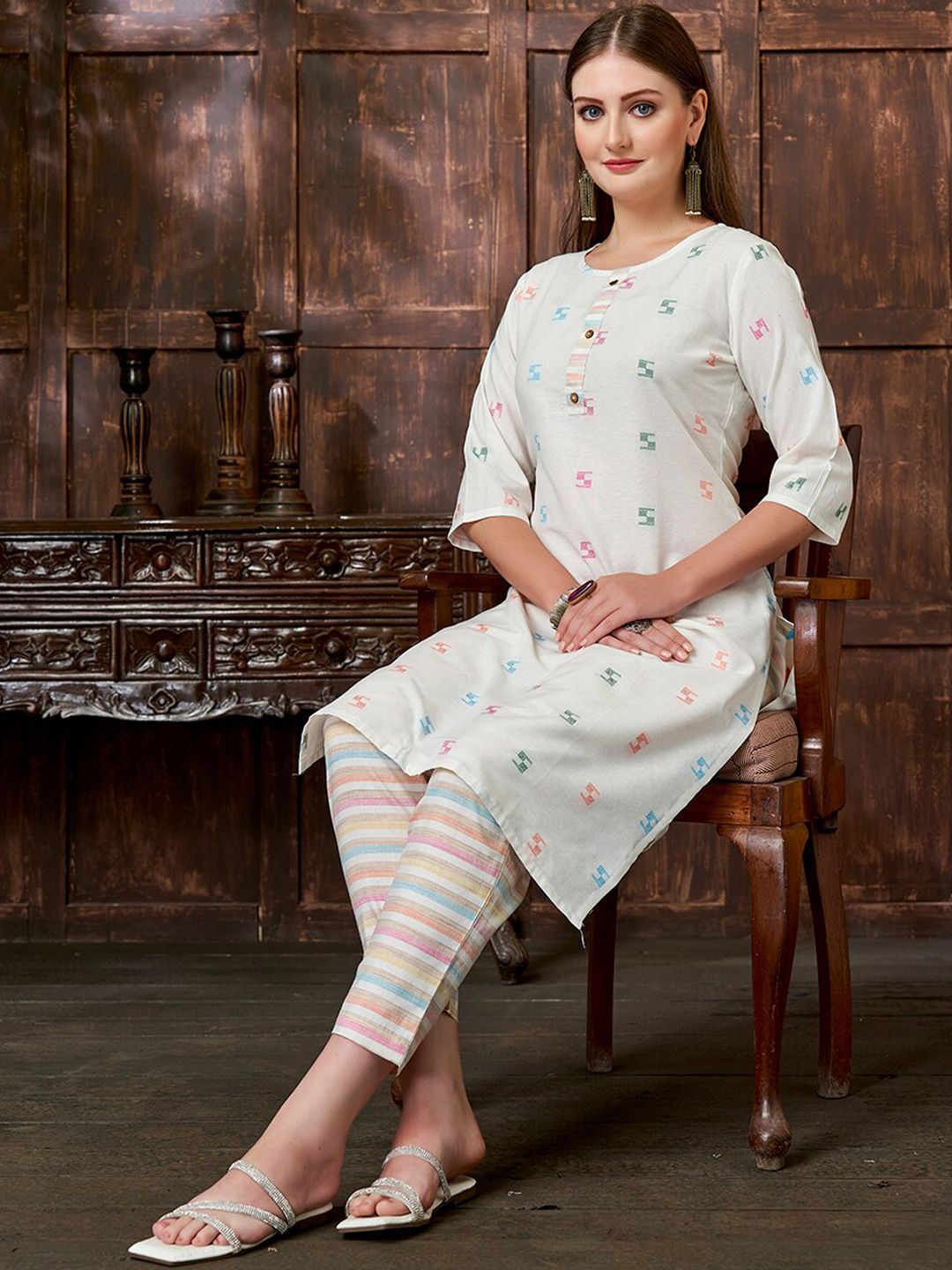 KALINI Geometric Woven Design Thread Work Kurta with Trousers