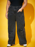 SASSAFRAS Curve Women Black Comfort Straight Fit High-Rise Clean Look Acid Wash Jeans