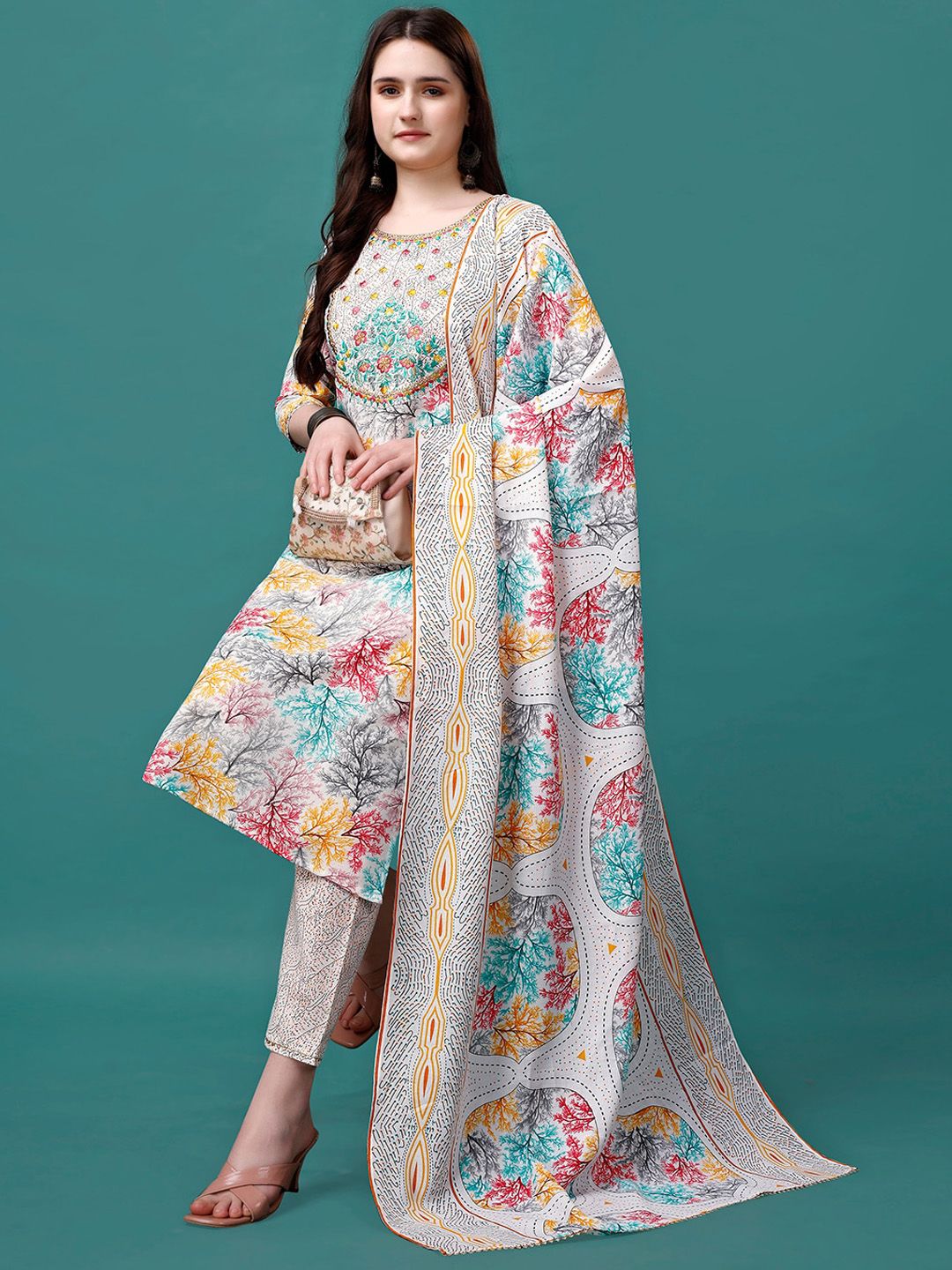 KALINI Floral Printed Embroidered Thread Work Straight Kurta With Trousers & Dupatta