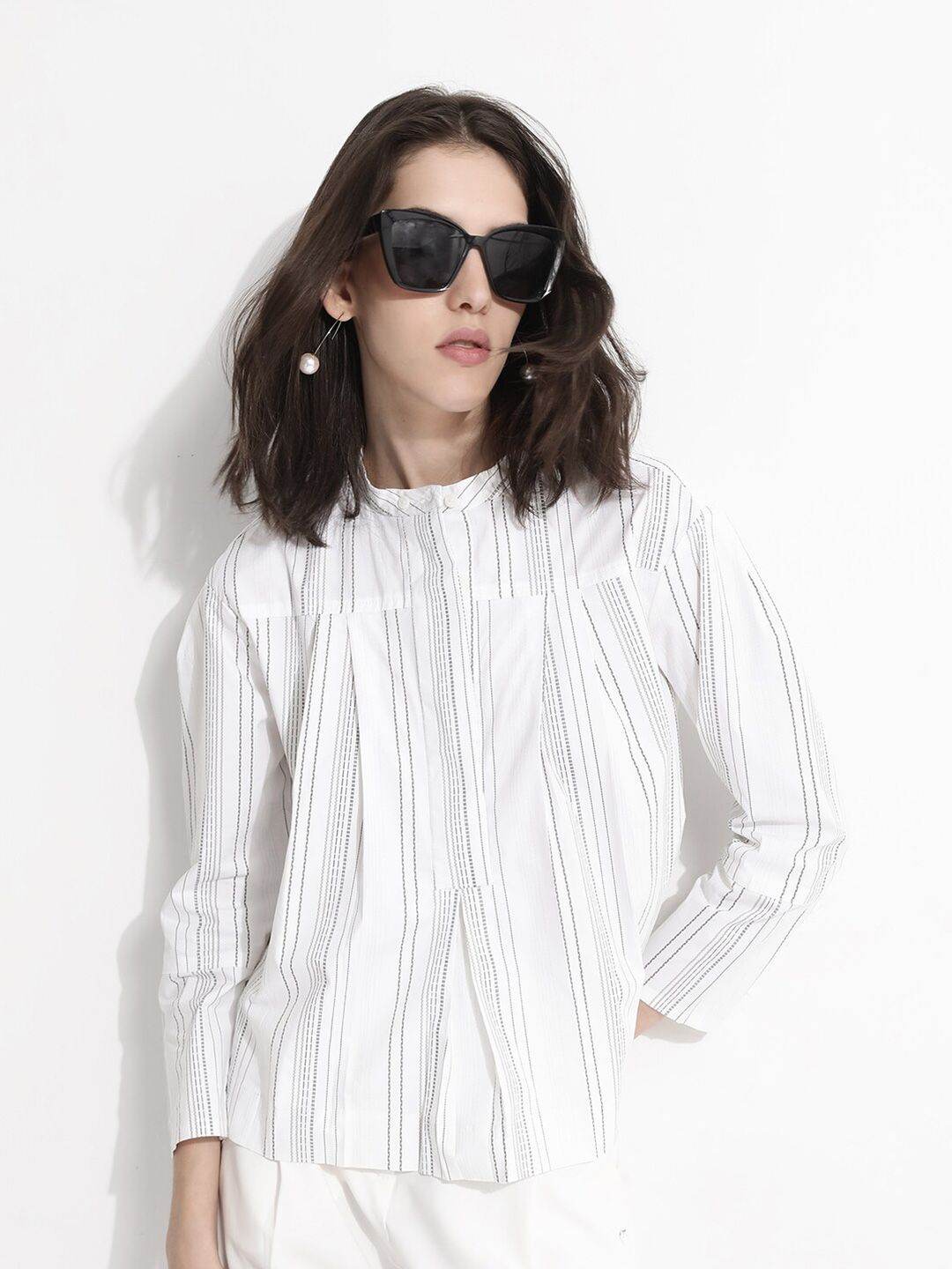RAREISM Striped Mandarin Collar Cotton Boxy Top