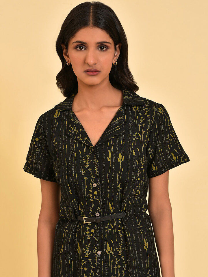 W Black Floral Printed Shirt Dress With Belt