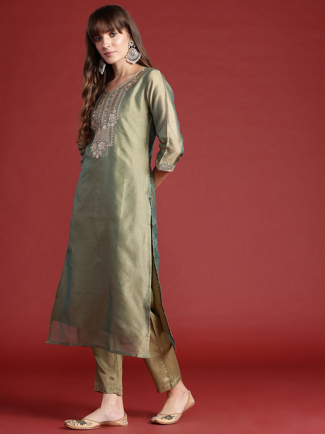 Indo Era Ethnic Motifs Embroidered Sequinned Liva Kurta With Trousers & Dupatta