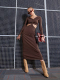 SASSAFRAS Brown Cut-Out Midi Sheath Dress