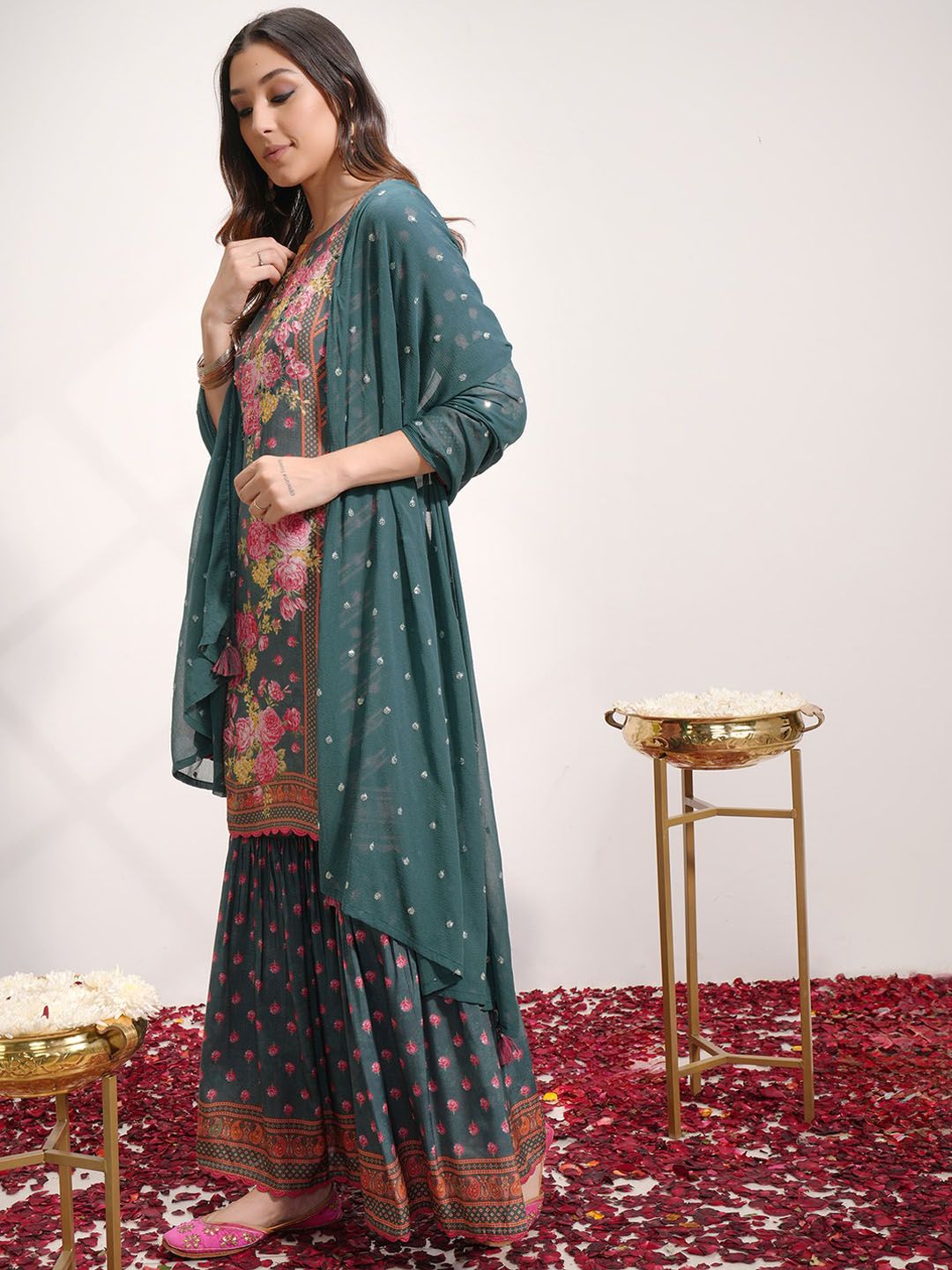 Vishudh Floral Printed Regular Beads and Stones Kurta with Sharara & With Dupatta