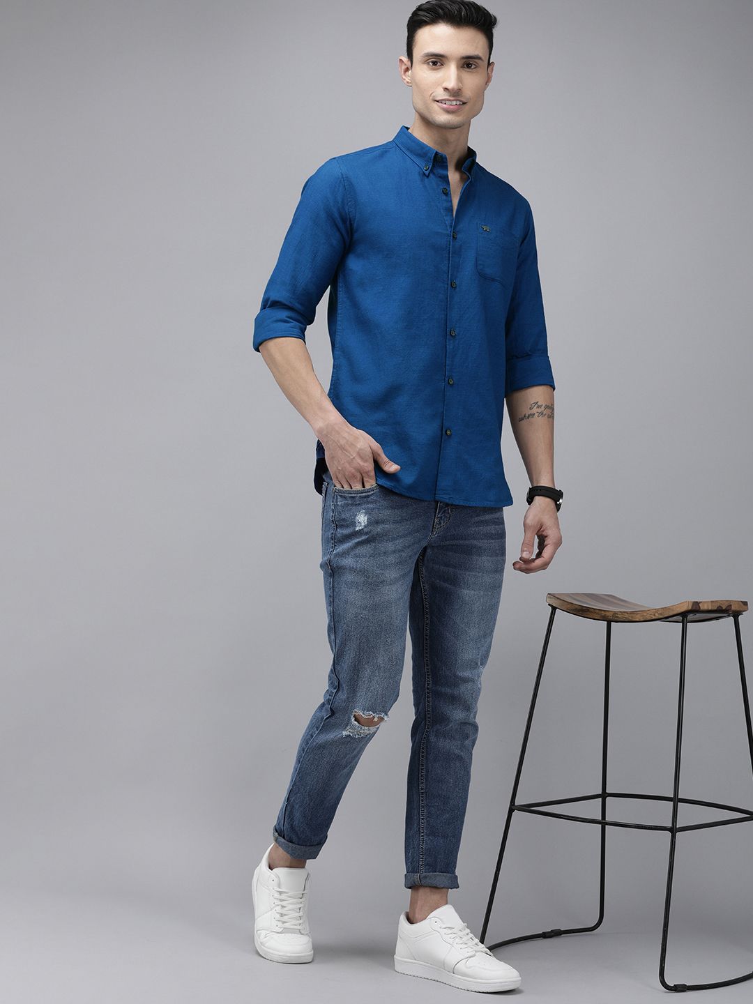 THE BEAR HOUSE Men Blue Solid Cotton Slim Fit Casual Shirt