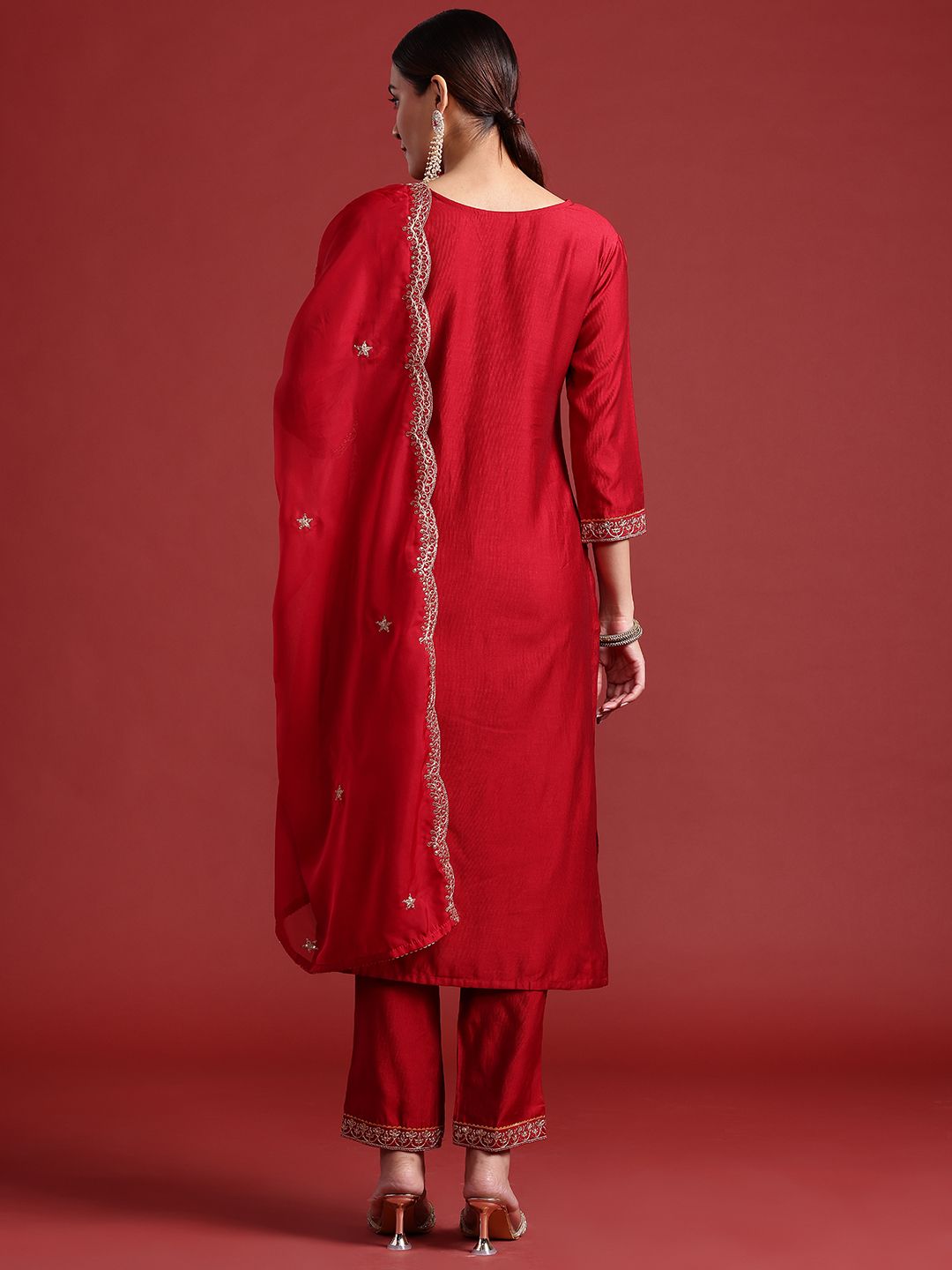 Indo Era Ethnic Motifs Yoke Design Zari Panelled Liva Kurta With Trousers & Dupatta