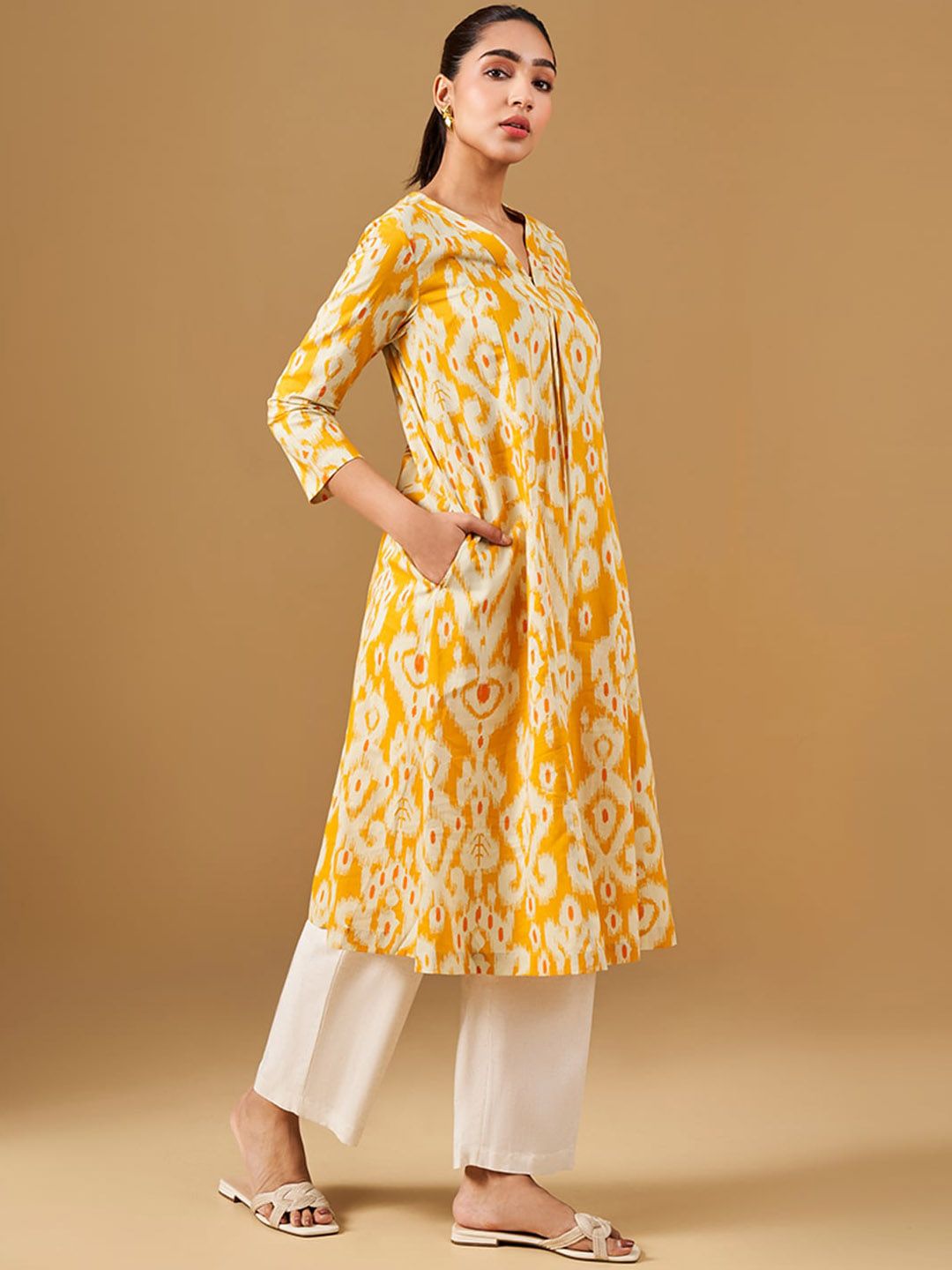Global Desi Printed V-Neck Cotton Anarkali Kurta