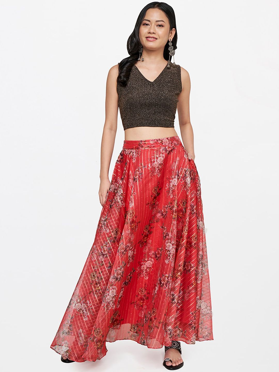 Global Desi Women Pink Floral Flared Maxi Skirts