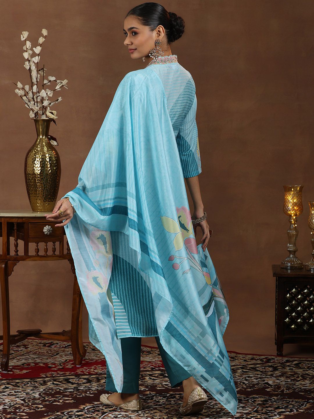 Libas Floral Printed Zari V-Neck Straight Kurta With Trouser & Dupatta