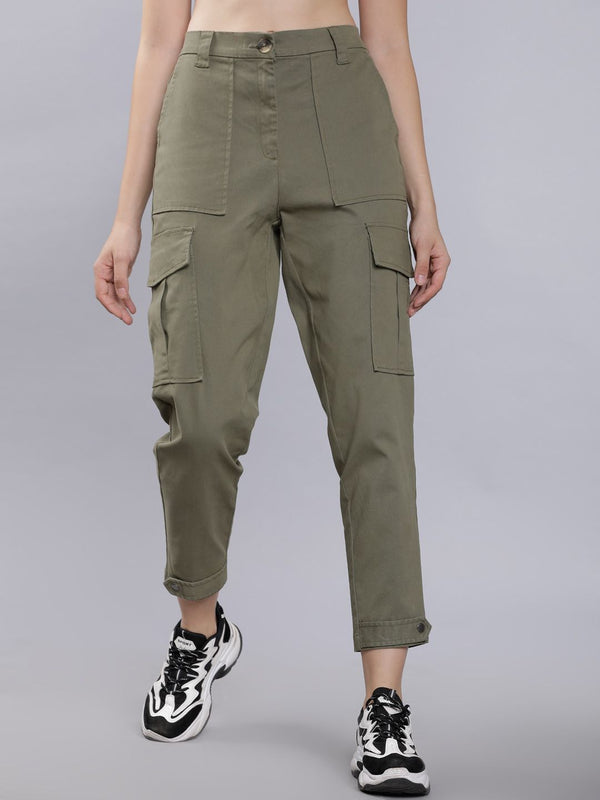 Tokyo Talkies Women Olive Green Slim Fit Solid Cargos