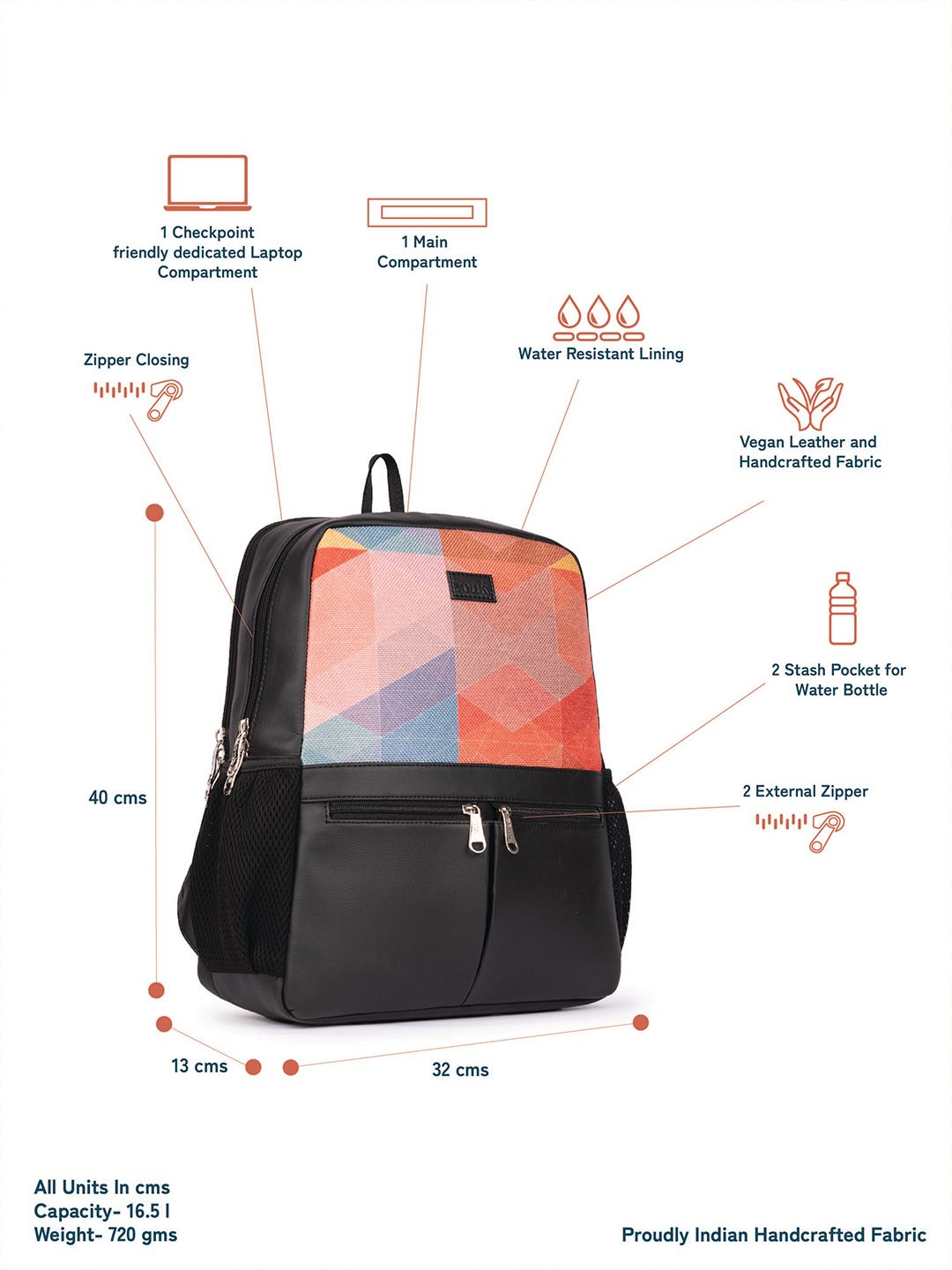 ZOUK Geometric Printed Backpack with Compression Straps Up to 16 inch