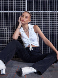 SASSAFRAS White Lace-Up Ribbed Ruched Shirt Style Crop Top