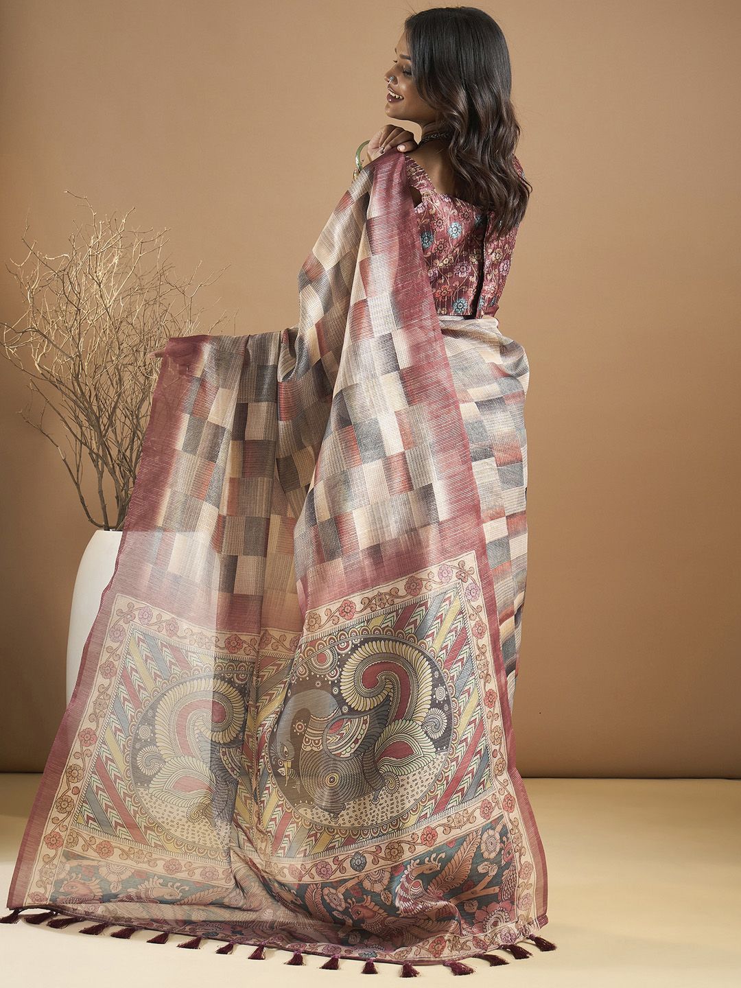 Saree mall Organza Block Print Ethnic Motifs Sarees