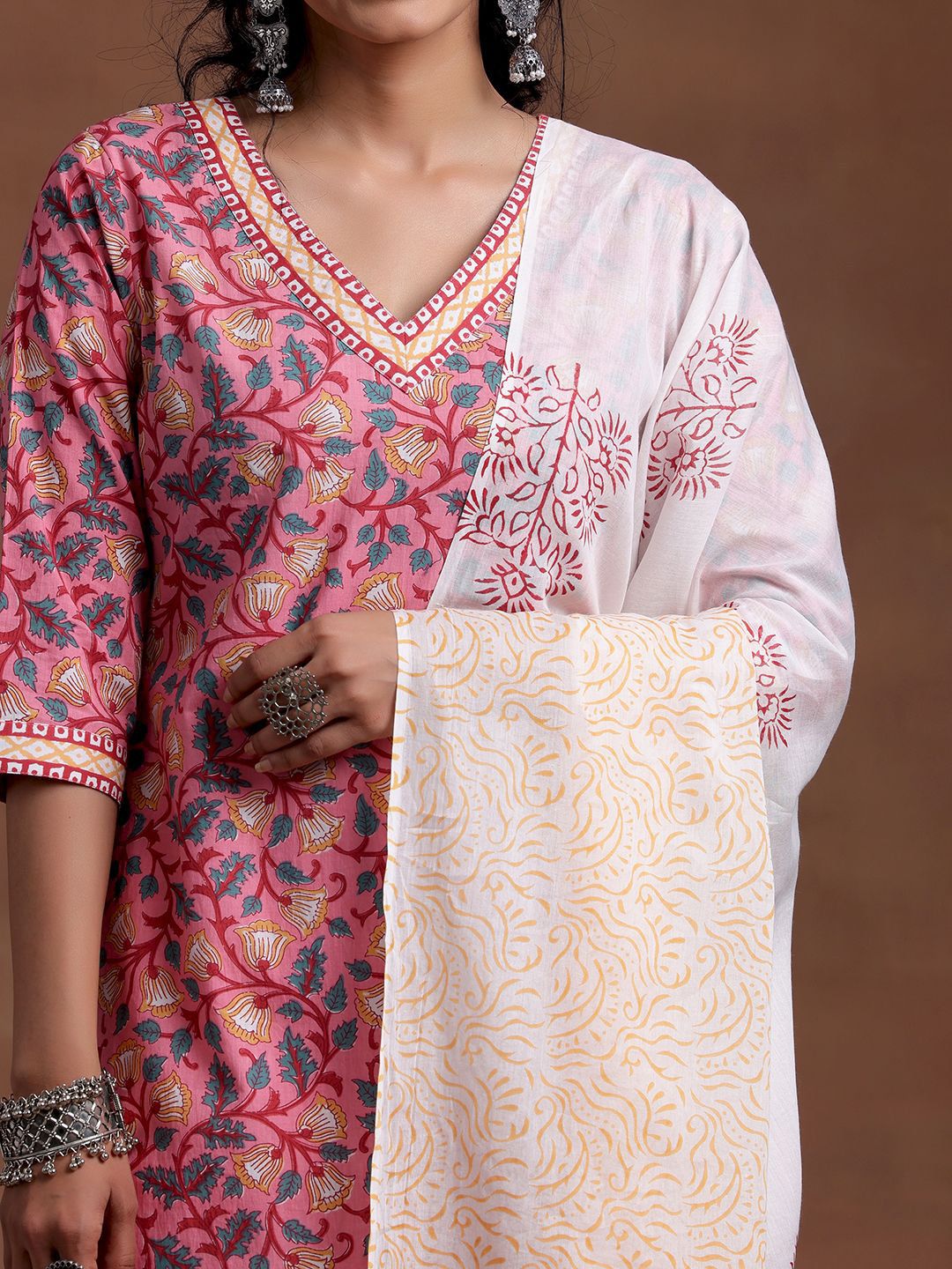 Libas V Neck Floral Printed Pure Cotton Straight Kurta with Patiala & Dupatta