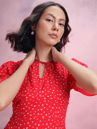 DressBerry Printed Tie-Up Neck A-Line Dress