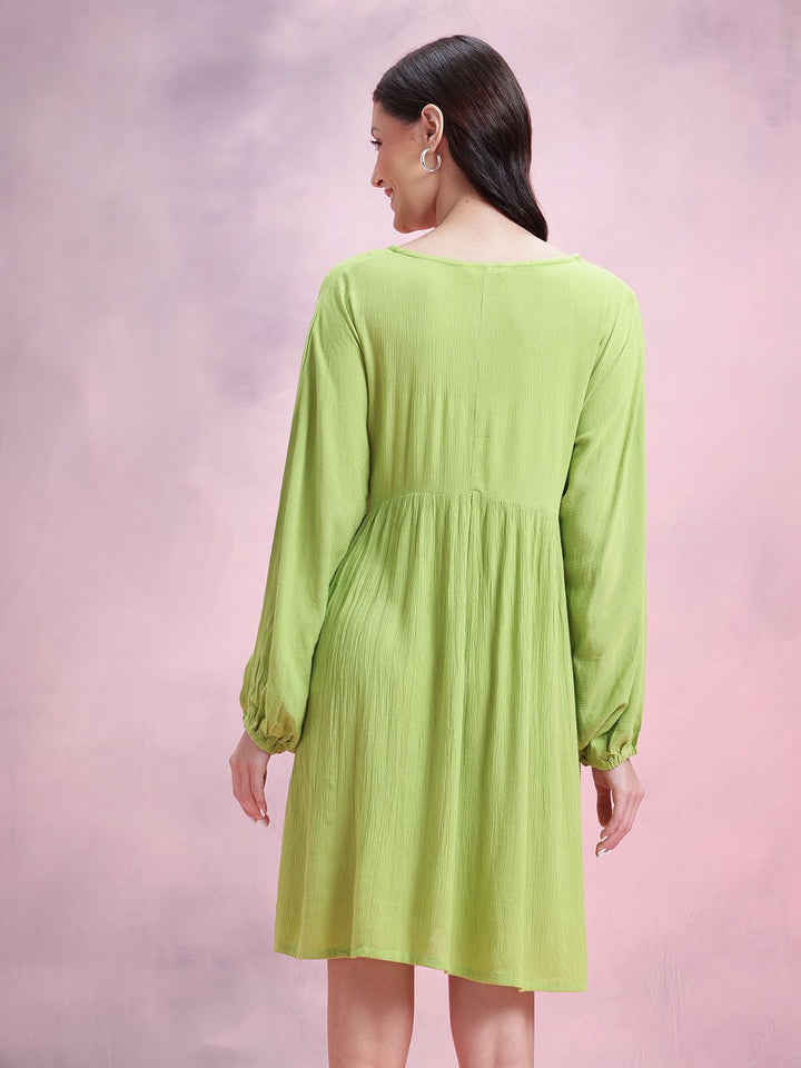 DressBerry Plisse Effect Bow-Detail V-Neck Extended Sleeves A-Line Dress