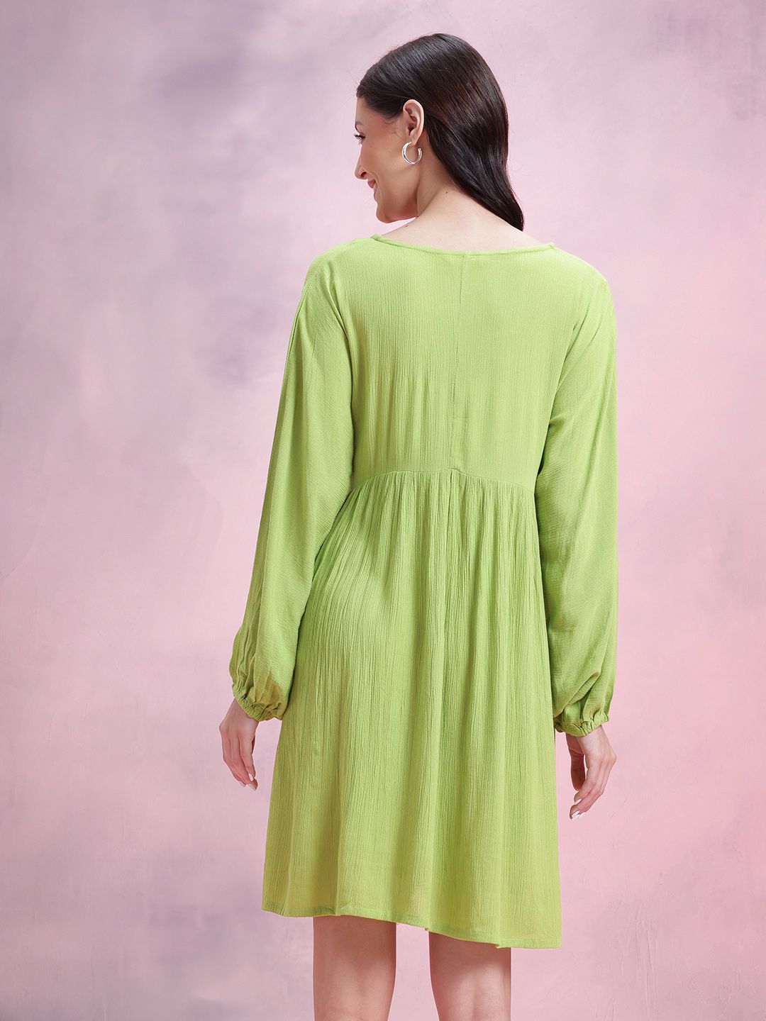 DressBerry Plisse Effect Bow-Detail V-Neck Extended Sleeves A-Line Dress