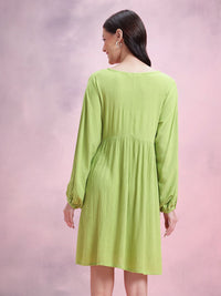 DressBerry Plisse Effect Bow-Detail V-Neck Extended Sleeves A-Line Dress