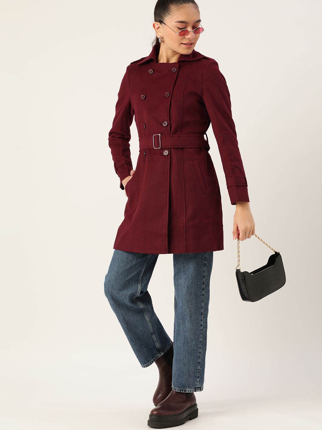 DressBerry Women Burgundy Solid Hip Length Overcoat