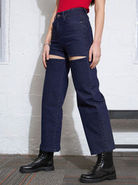 SASSAFRAS Women Straight Fit High-Rise Slash Knee Stretchable Jeans