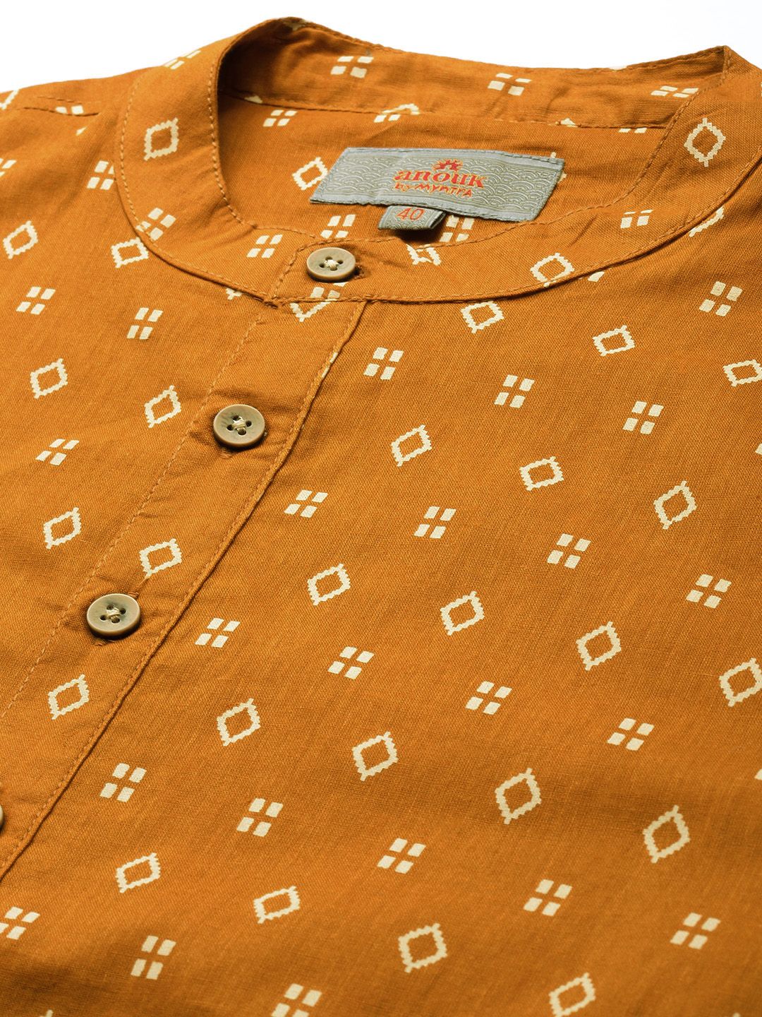 Anouk Men Mustard Yellow & White Geometric Printed Kurta