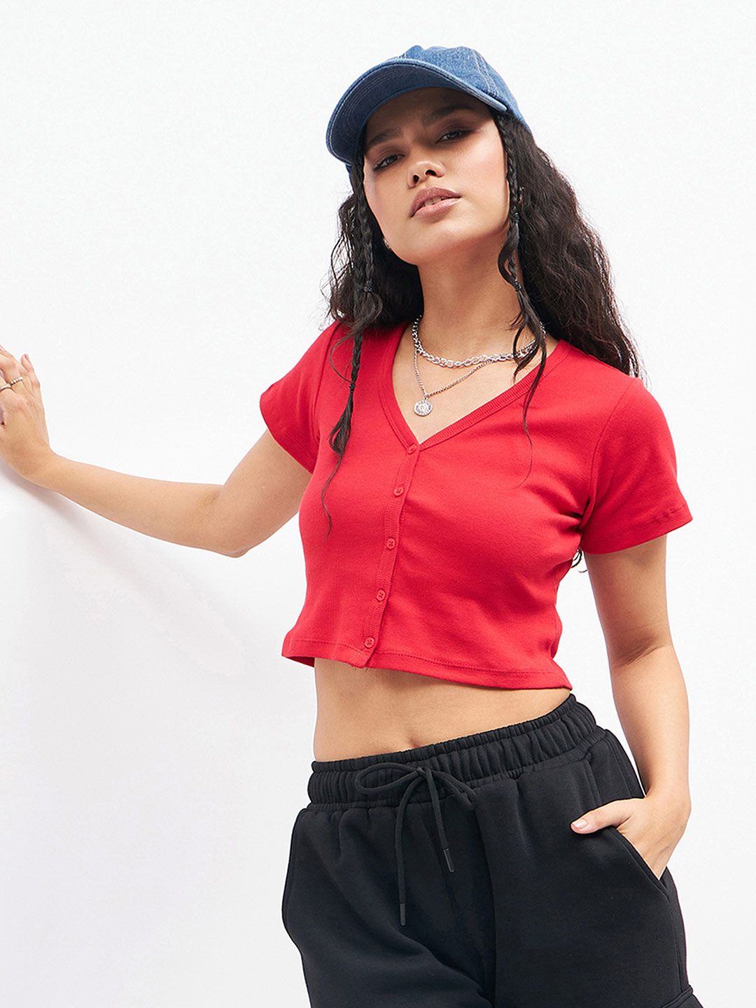 Sassafras Red Pure Cotton Fitted Crop Top