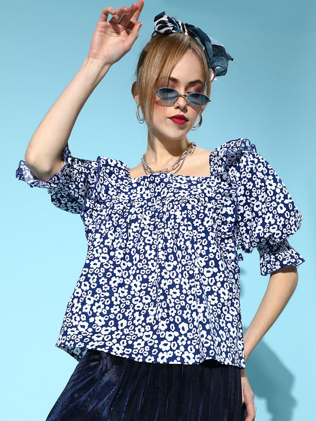 Antheaa Women Stunning Blue Floral Ruffled Top