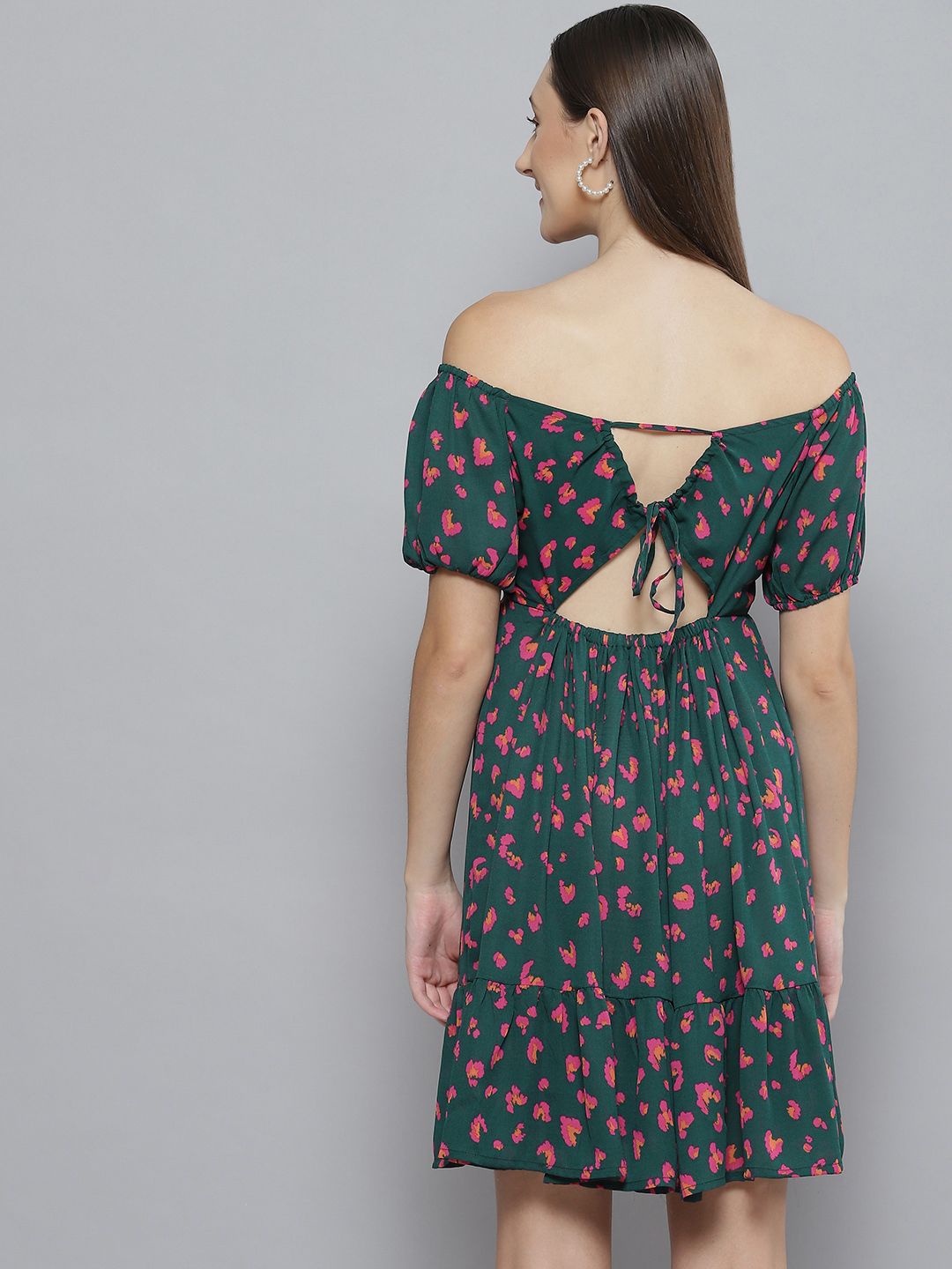DENNISON Green Floral Off-Shoulder Crepe A-Line Dress