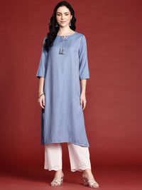Anouk Woven Design Vertical Stripes Tie-Up Neck Straight Kurta