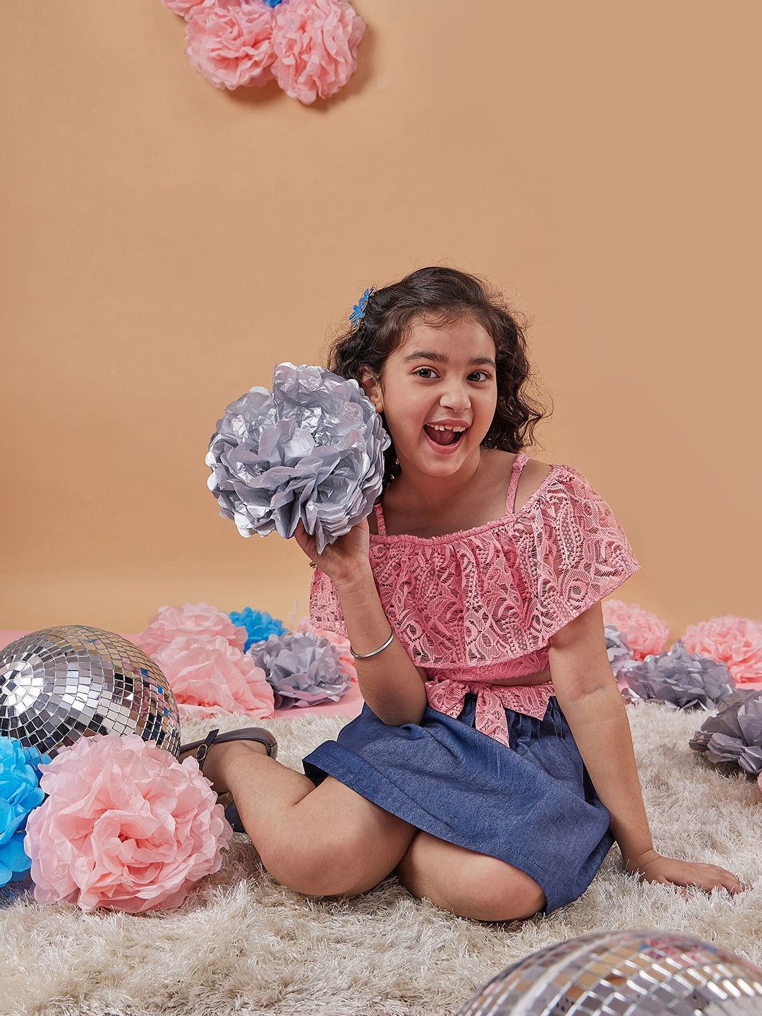 pspeaches Girls Self Design Off-Shoulder Blousan Top with Skirt