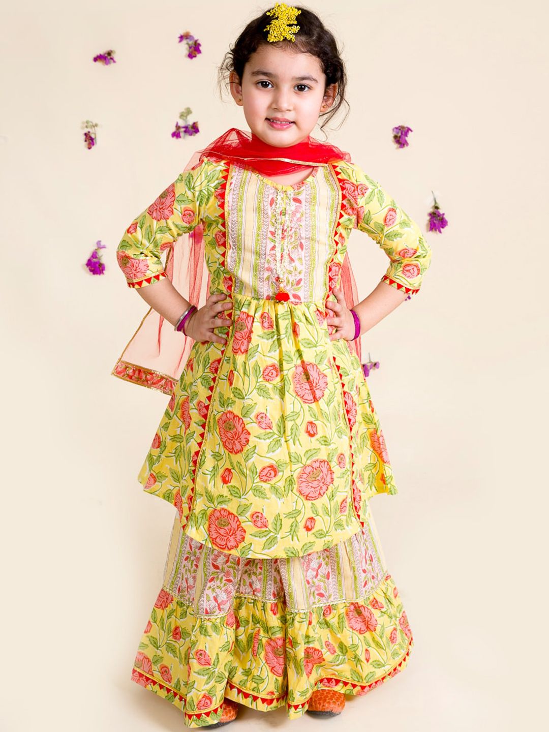 pspeaches Girls Yellow Floral Printed Pleated Pure Cotton Kurta with Sharara & With Dupatta