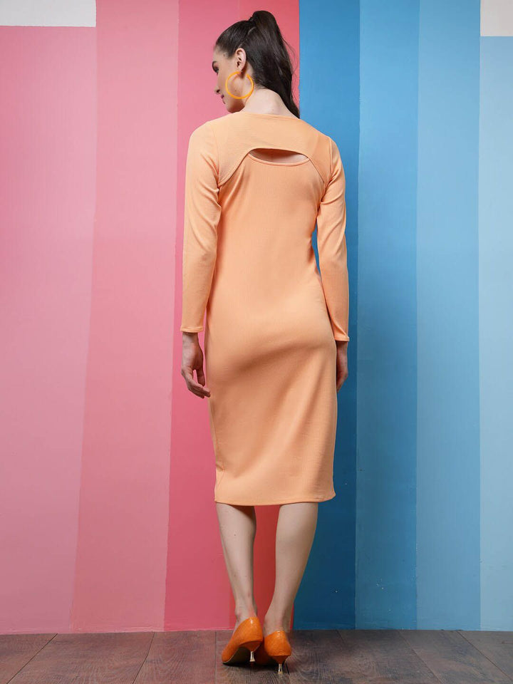 Athena Peach-Coloured Round Neck Cut-Outs Detail Knitted Sheath Dress
