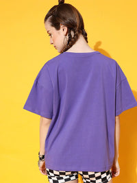 STREET 9 Women Lavender Typography Printed Drop-Shoulder Sleeves Bio Finish Oversized T-shirt