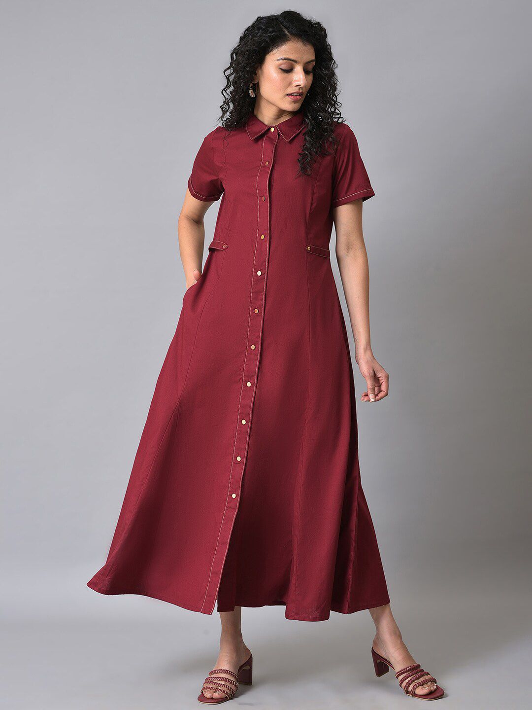 W Flared Hem Pure Cotton Shirt Maxi Dress