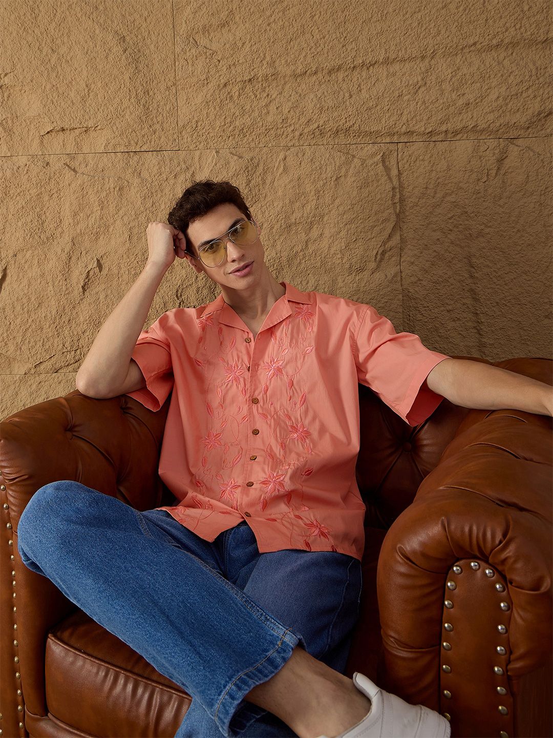 DENNISON Men Embroidery Oversized Cotton Casual Shirt