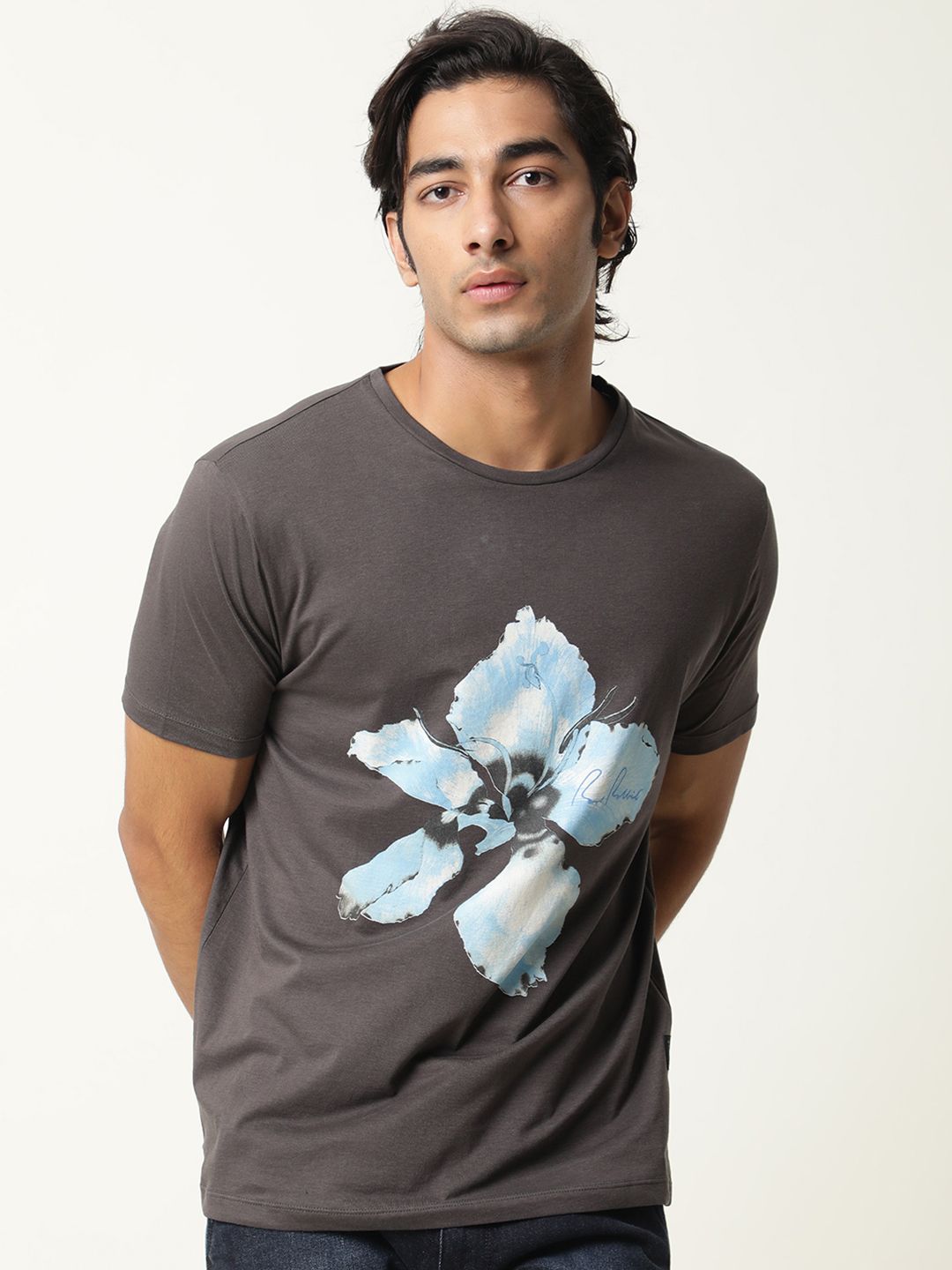 RARE RABBIT Men Grey Printed Pure Cotton Slim Fit T-shirt