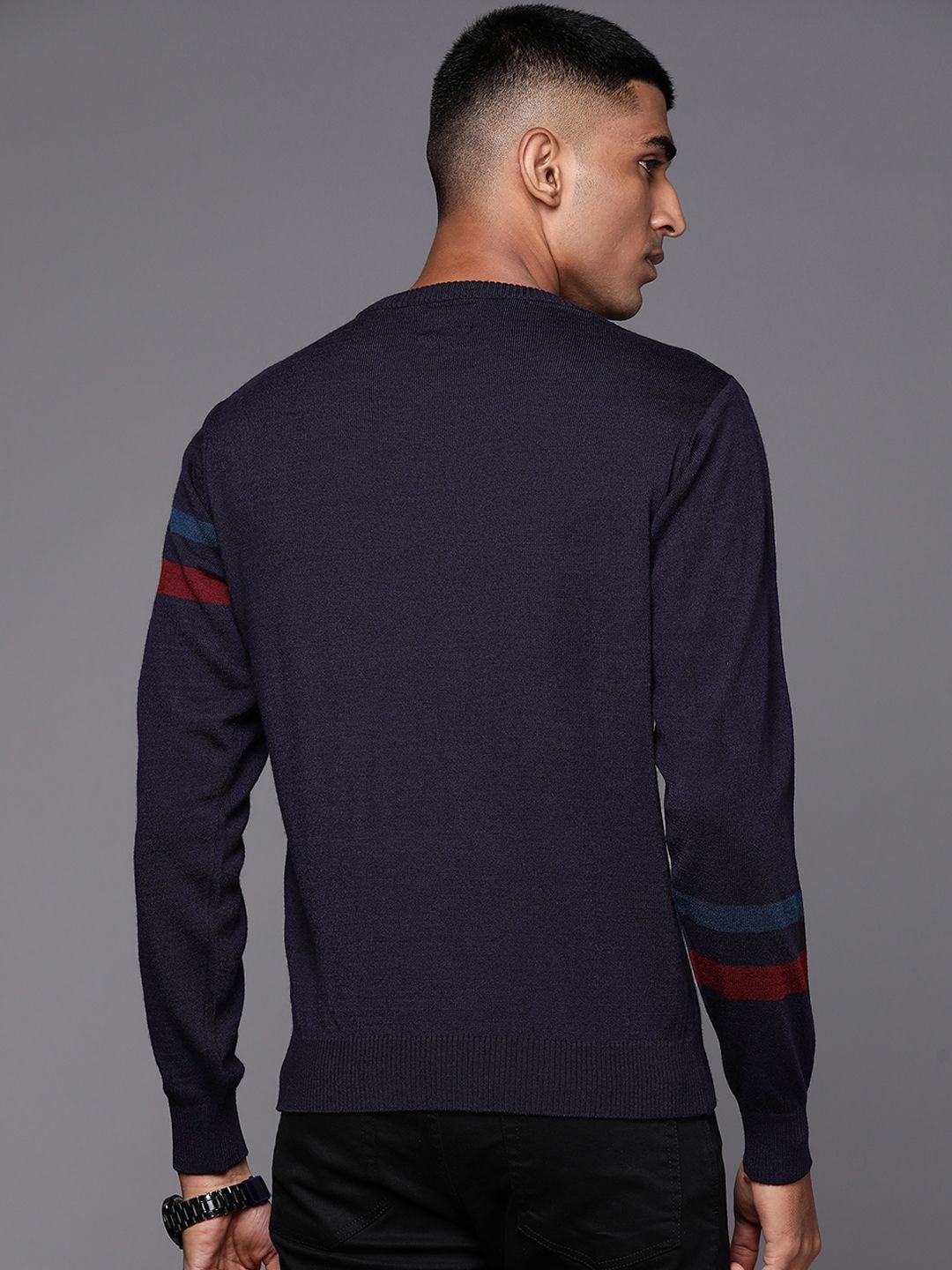 Raymond Men Navy Blue Striped Pullover