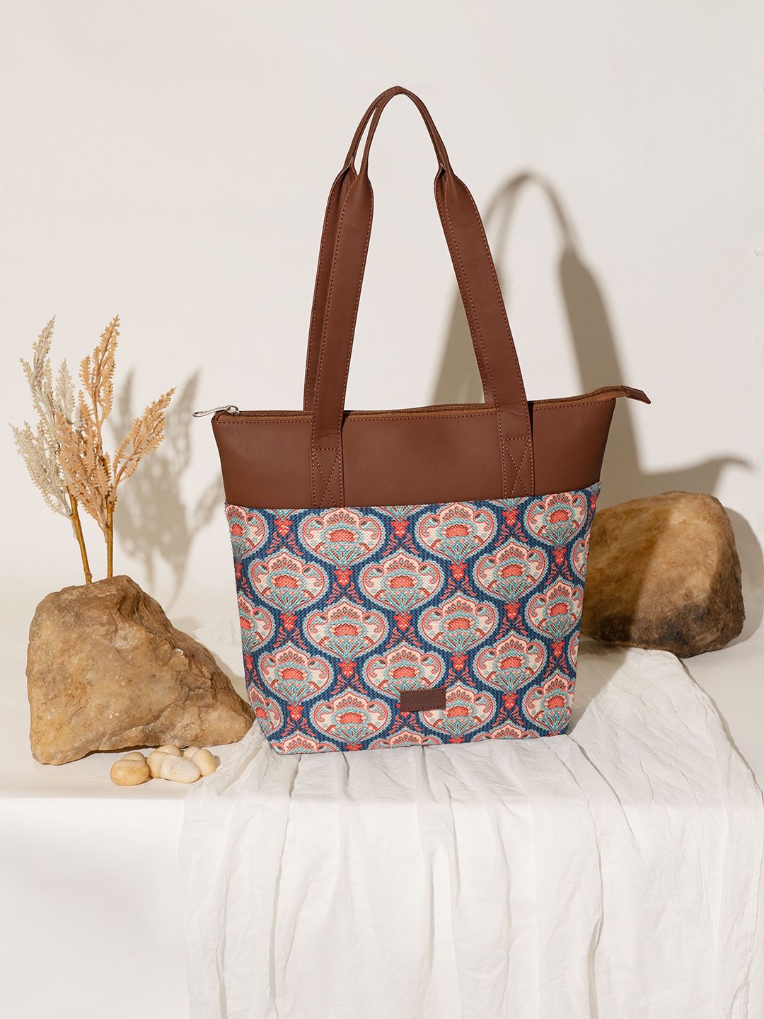 ZOUK Ethnic Printed Structured Jute Tote Bag