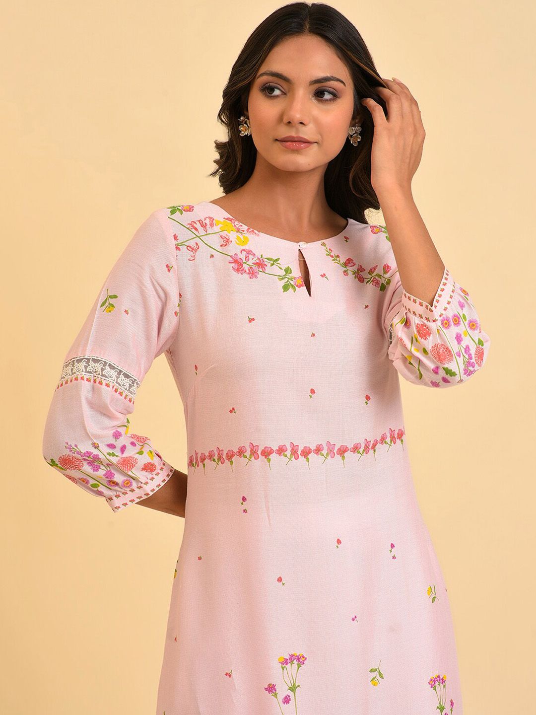 W Pink & Yellow Floral Printed Keyhole Neck Kurta