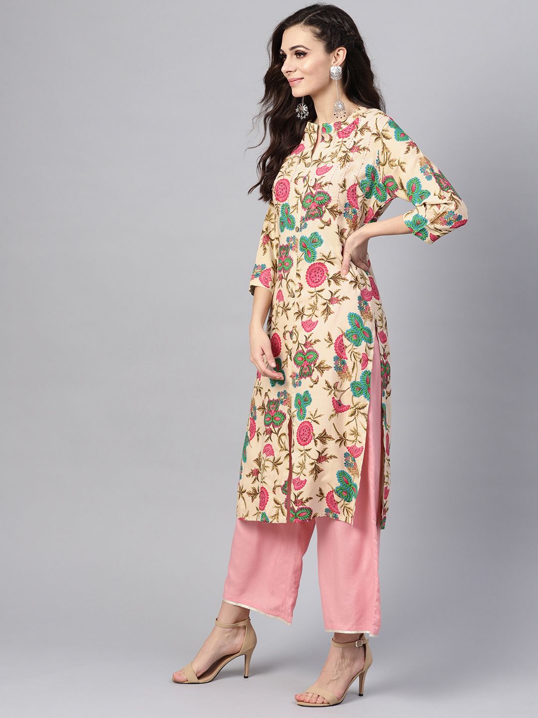 SOJANYA Women Beige & Green Printed Straight Kurta