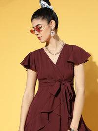 Berrylush Women Charming Maroon Solid Ruffled Dress