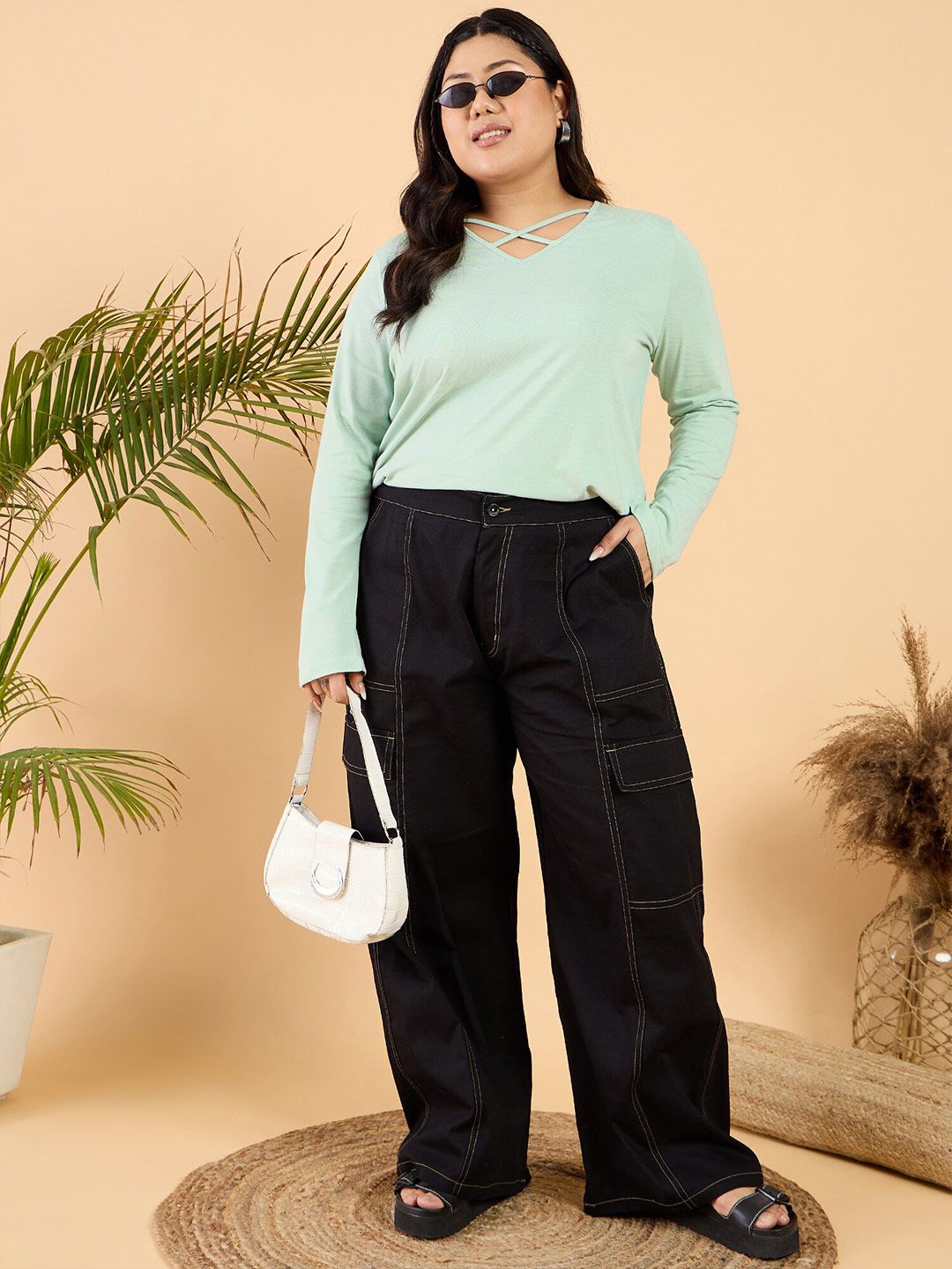 CURVY STREET Plus Size V-Neck Cotton Relaxed Fit T-shirt