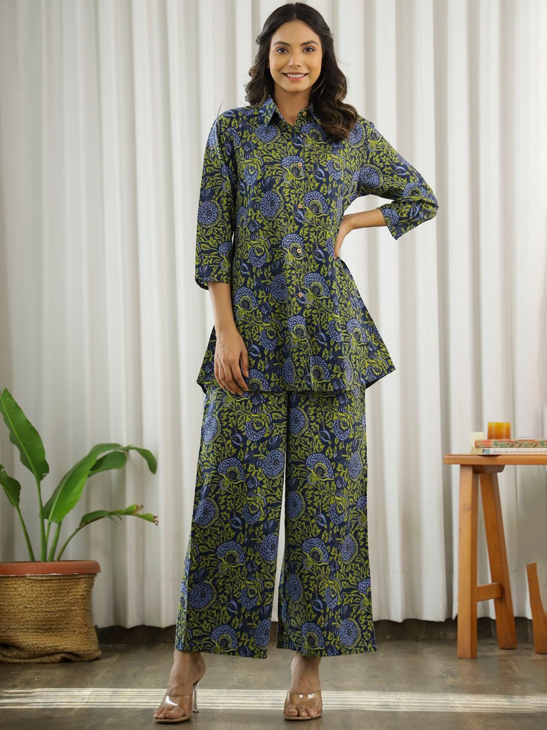 SANSKRUTIHOMES Floral Printed Pure Cotton Tunic With Palazzo Co-Ords